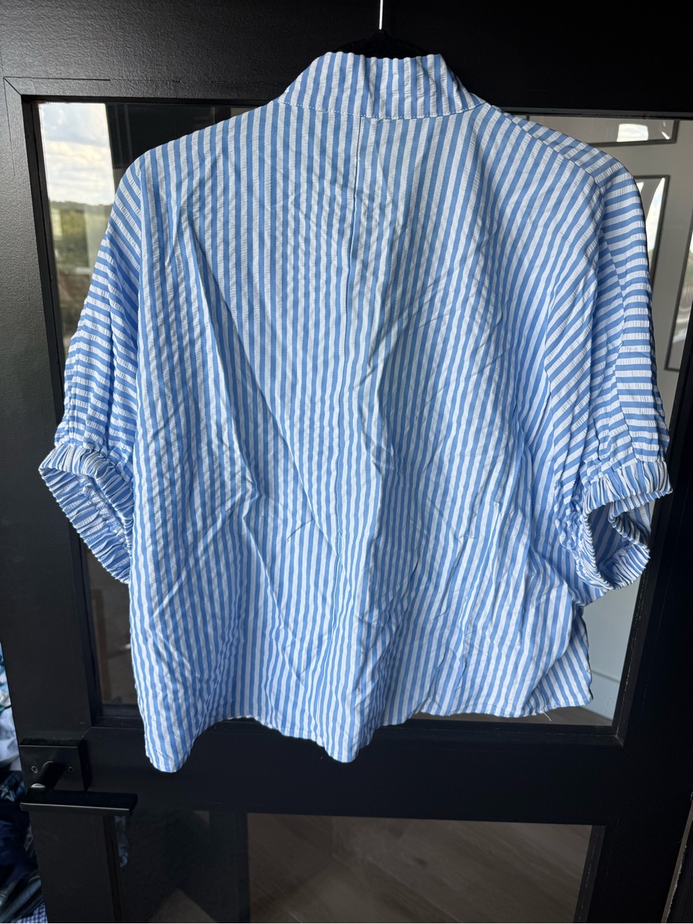 entro Blue and White Striped Button-Down Top with Green Trim - Picture 6 of 7